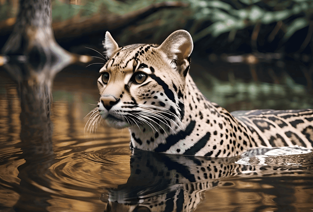 an ocelot swimming