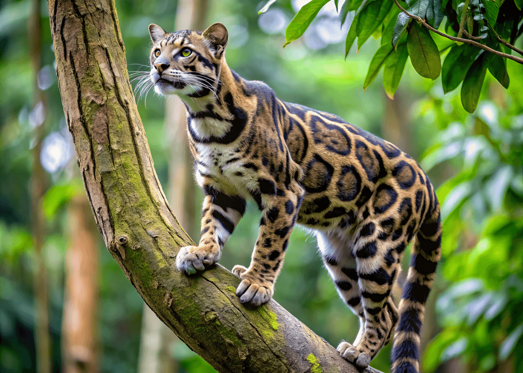 clouded leopard climbing a tree